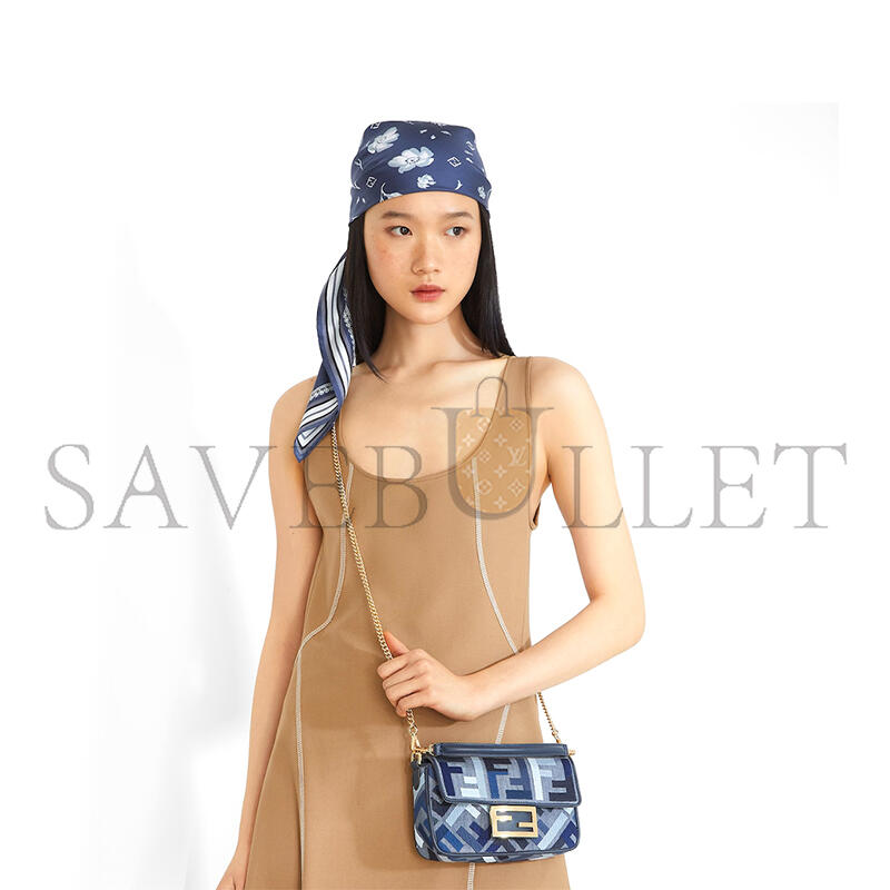 FENDI BAGUETTE MINI BLUE CANVAS BAG WITH FF EMBROIDERY 8BS017AV11F1LAZ (19.5*11*5cm)